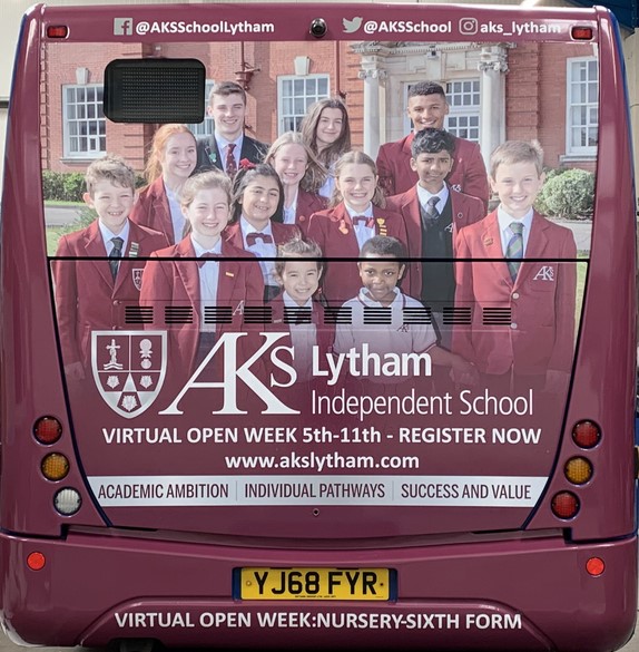 Back of a bus designed for AKS School